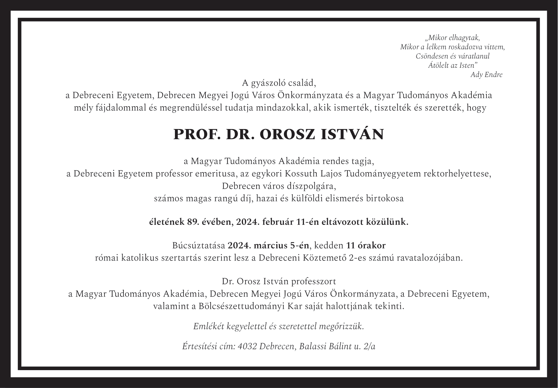 Orosz István gyászjelentés